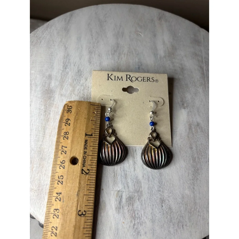 Kim Rogers Blue Bead Iridescent Gunmetal Ribbed Teardrop Drop Earrings 417032EZ